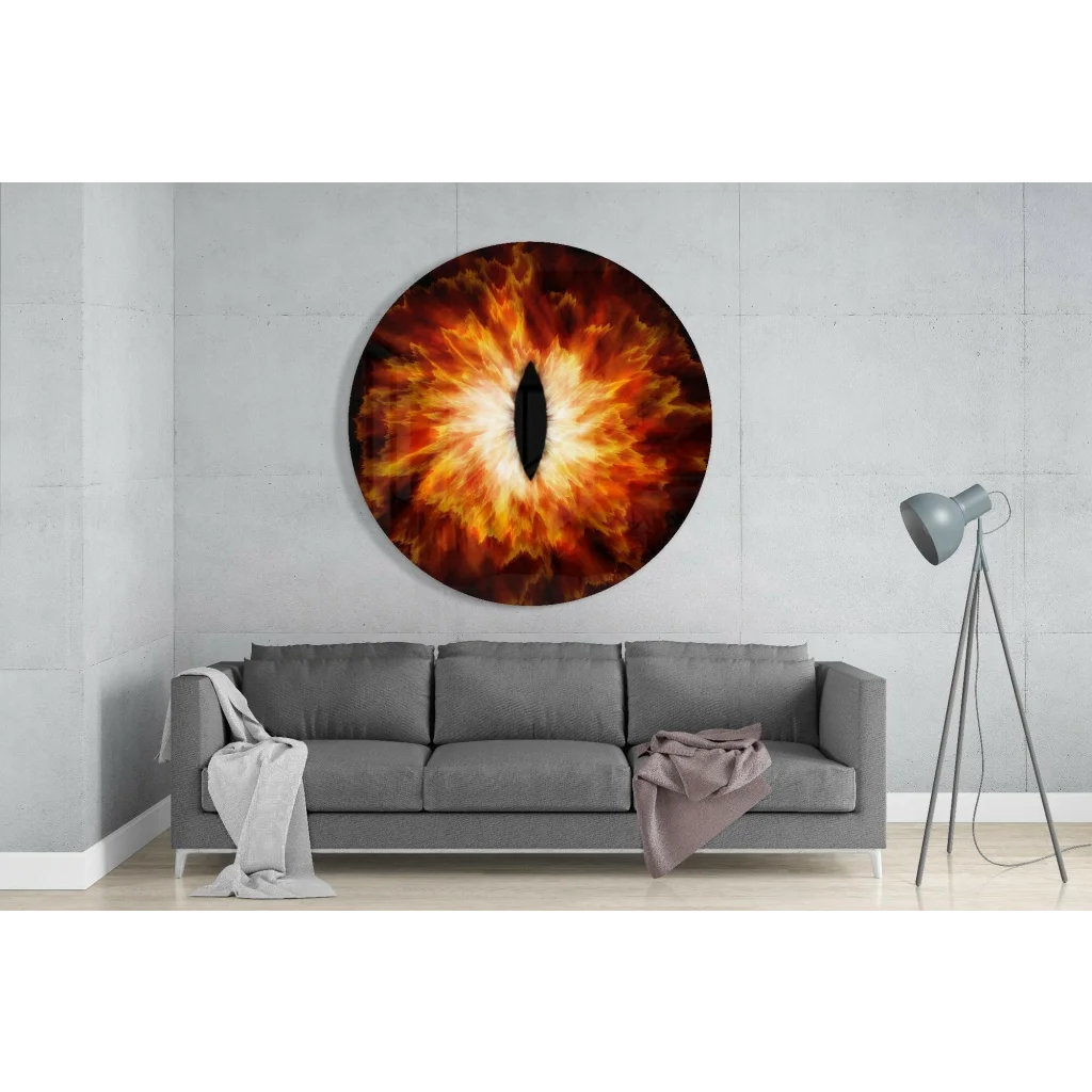 Fiery Dragon Eye tempered glass art above gray sofa