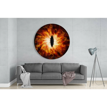 Fiery Dragon Eye tempered glass art above gray sofa