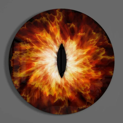 Fiery Dragon Eye tempered glass art with vibrant orange fiery pupil