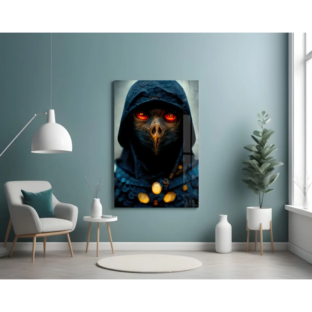 Mysterious raven guardian glass wall art with glowing red eyes