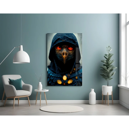 Mysterious raven guardian glass wall art with glowing red eyes