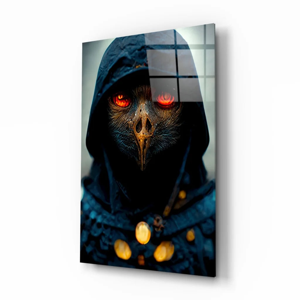 Mysterious raven guardian glass wall art with glowing red eyes