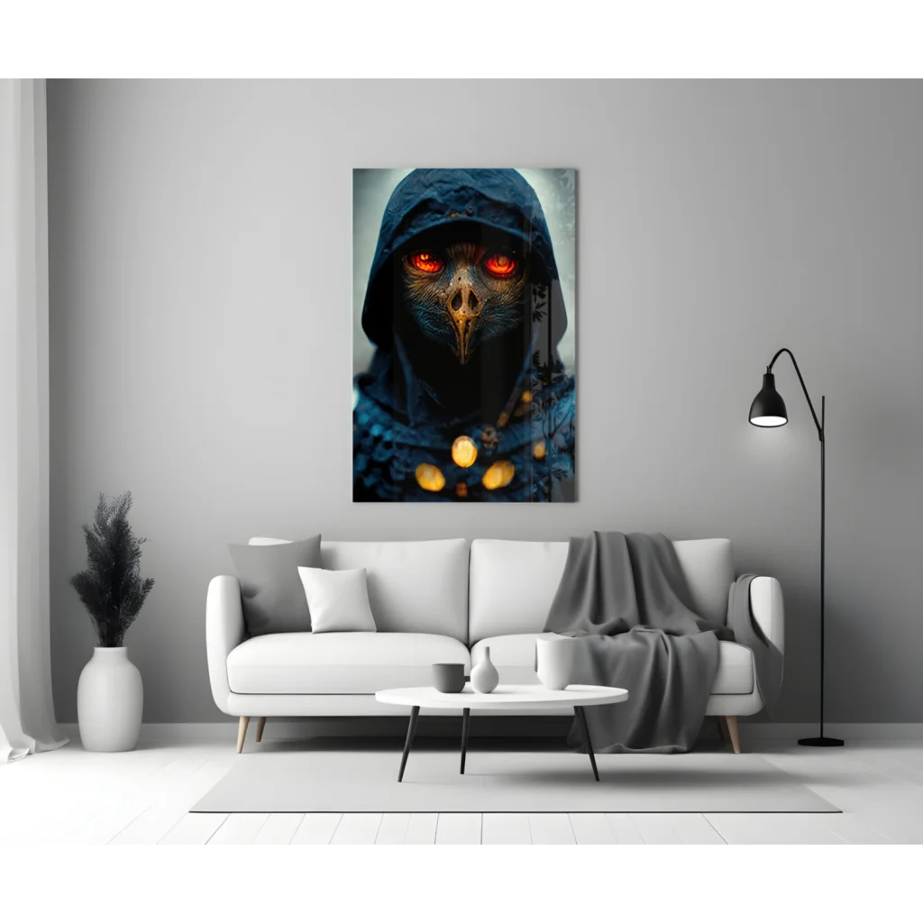 Mysterious raven guardian glass wall art with glowing red eyes