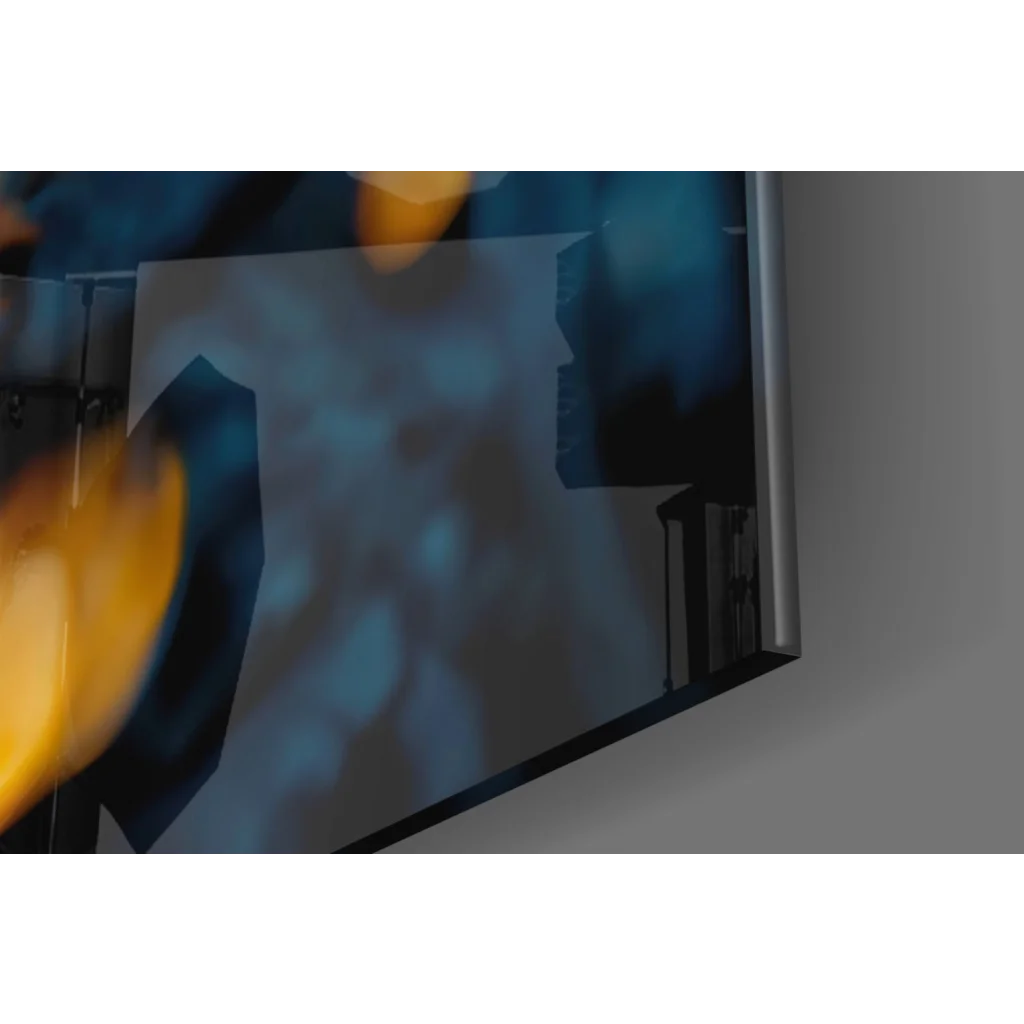 Mysterious Raven Guardian glass wall art with glowing red eyes and flames display