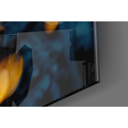 Mysterious Raven Guardian glass wall art with glowing red eyes and flames display