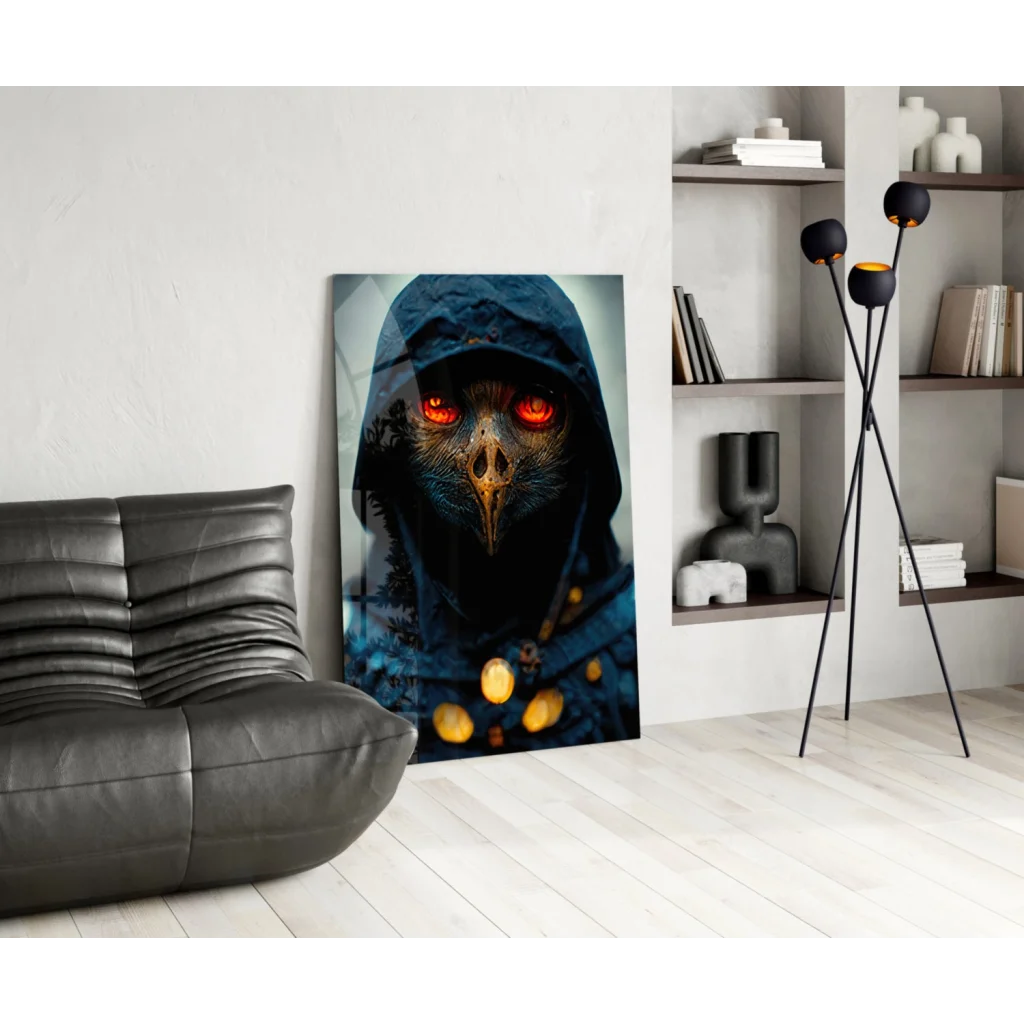 Mysterious raven guardian glass wall art with glowing red eyes and golden coins