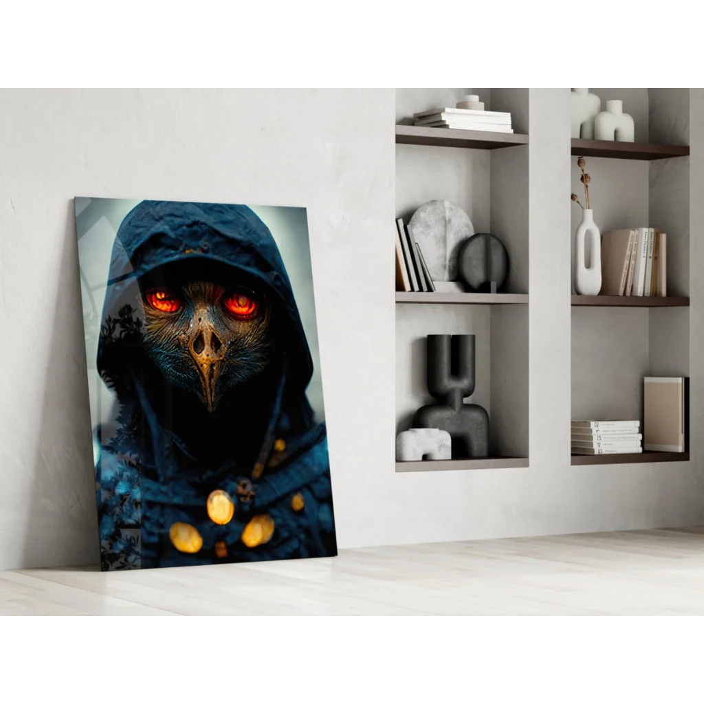 Mysterious raven guardian glass wall art with glowing red eyes