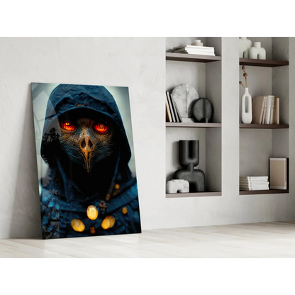 Mysterious raven guardian glass wall art with glowing red eyes