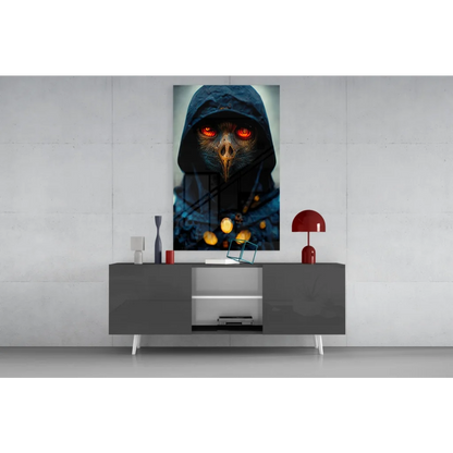 Mysterious raven guardian glass wall art with glowing red eyes