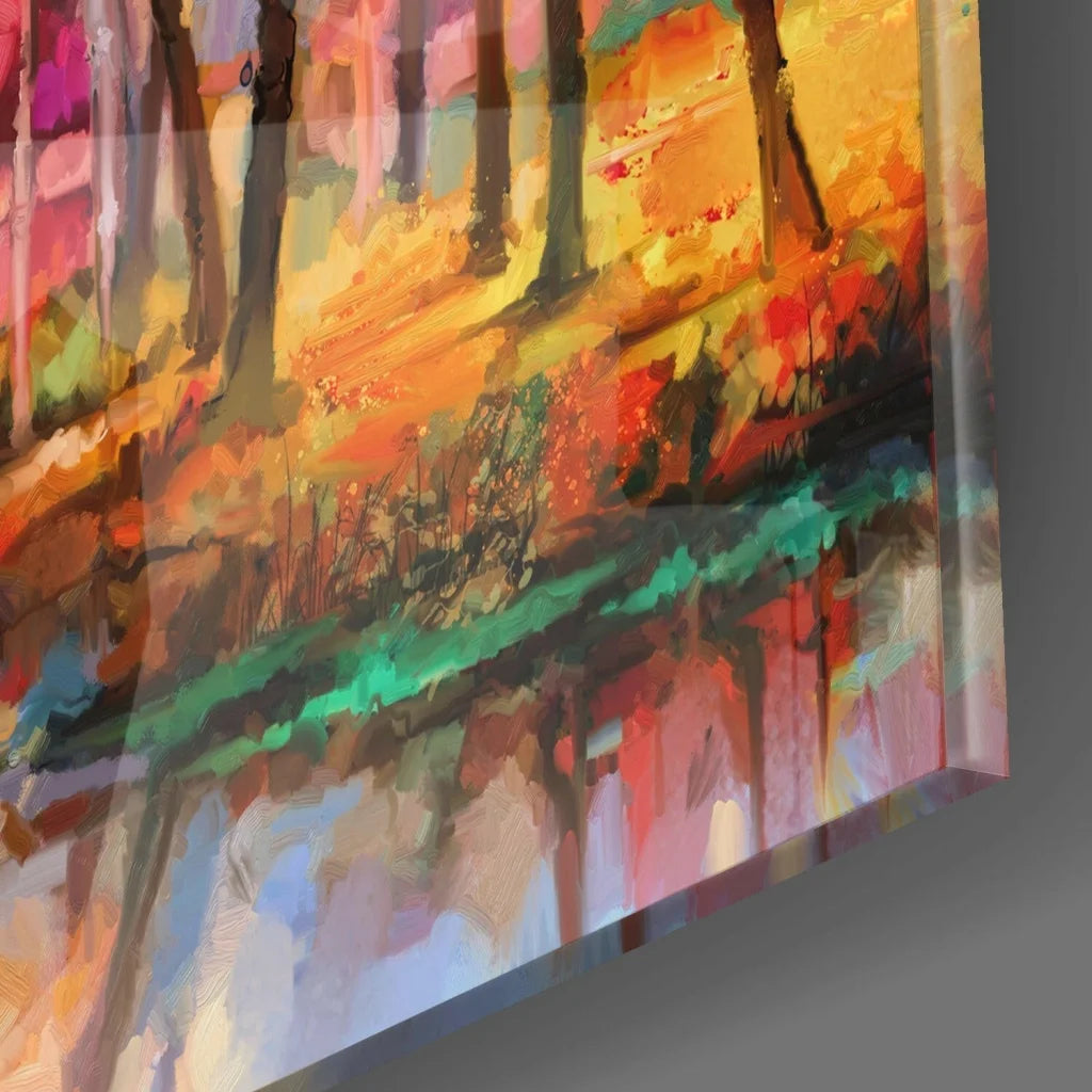 Vibrant fiery forest glass wall art with bold abstract colors