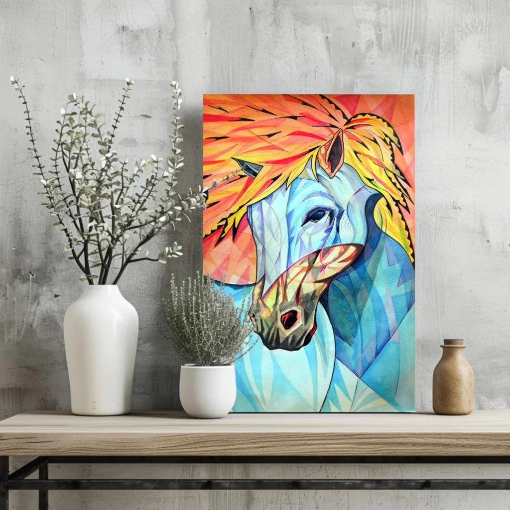 Vibrant geometric horse canvas art in fiery orange mane and blue body on shelf