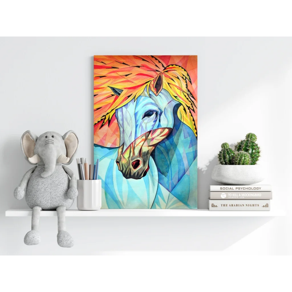Vibrant abstract horse canvas art with fiery orange yellow mane on blue geometric background
