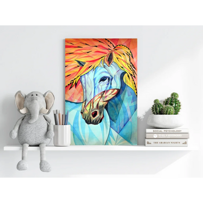 Vibrant abstract horse canvas art with fiery orange yellow mane on blue geometric background