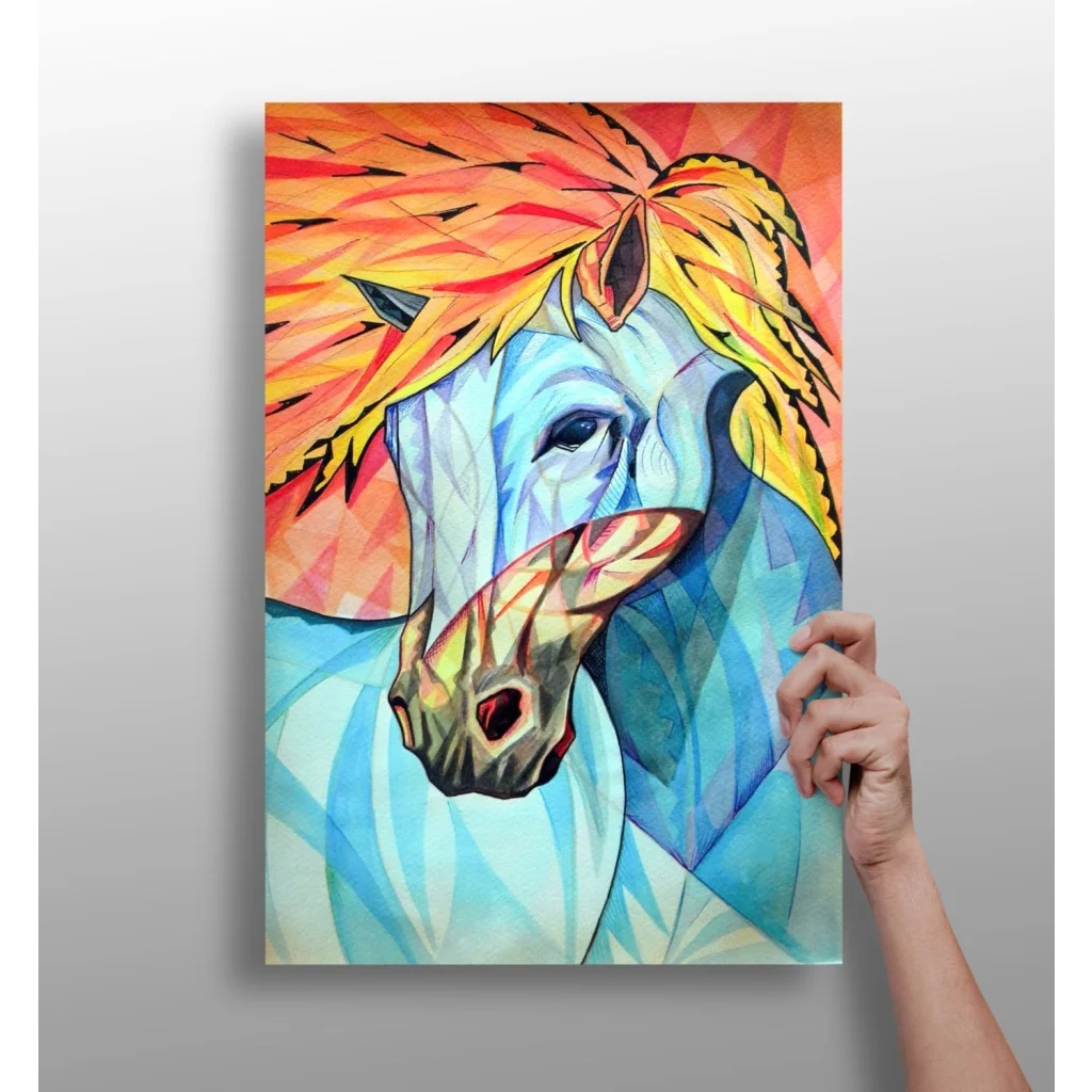 Vibrant fiery geometric horse canvas art in bold orange and blue