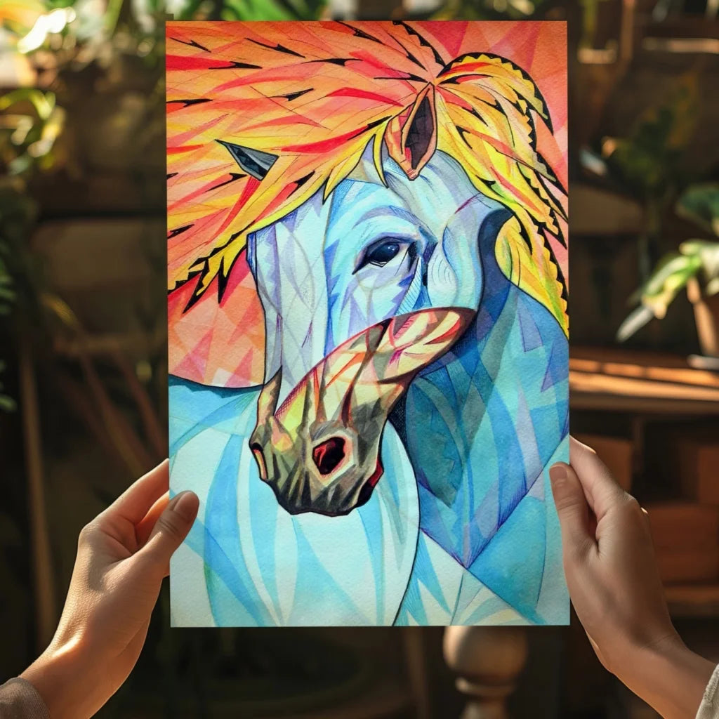 Vibrant stylized white horse with fiery orange yellow mane on blue geometric background