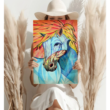 Vibrant fiery geometric horse canvas art in bold orange and blue