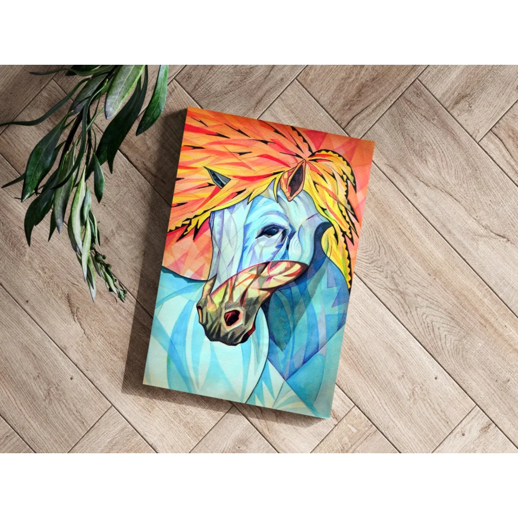 Vibrant geometric white horse with fiery orange mane on blue canvas art