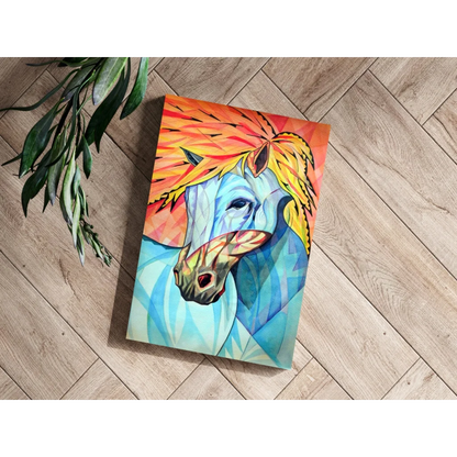 Vibrant geometric white horse with fiery orange mane on blue canvas art