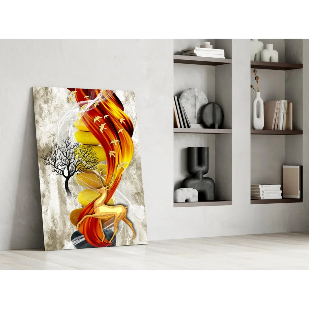 Fiery golden deer wall art with orange yellow swirls and tree silhouette