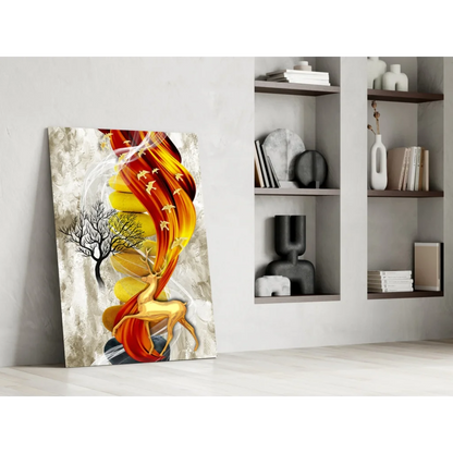 Fiery golden deer wall art with orange yellow swirls and tree silhouette