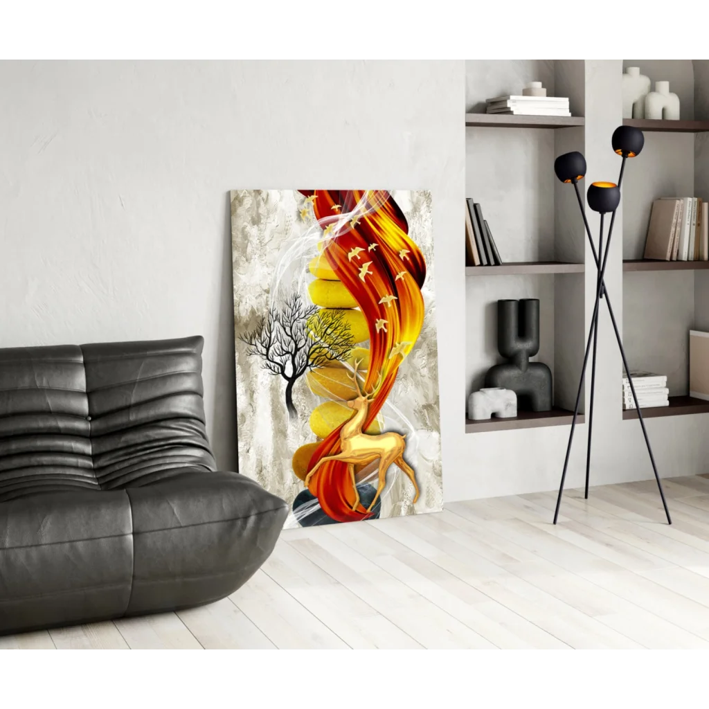 Fiery golden deer glass wall art with swirling flame tree design