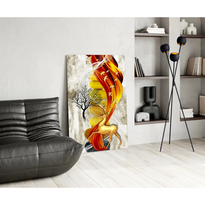 Fiery golden deer glass wall art with swirling flame tree design