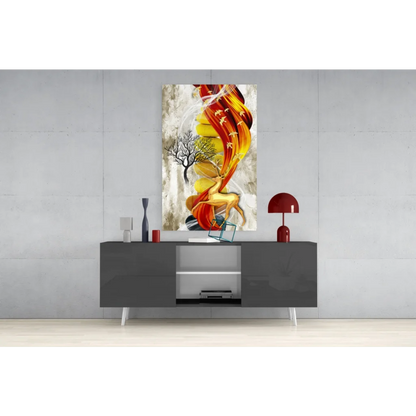 Fiery golden deer glass wall art with swirling flames and minimalist design