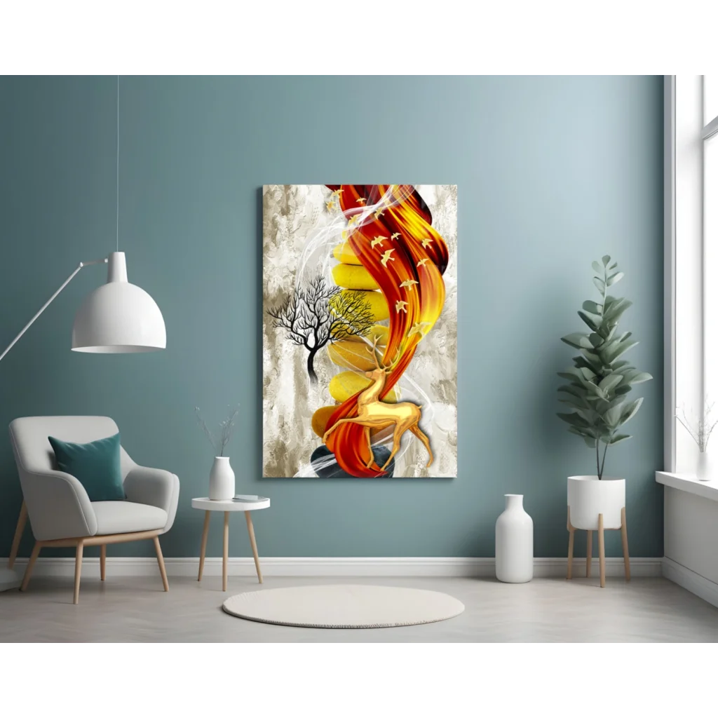 Fiery Golden Deer glass wall art with swirling flames in vibrant hues