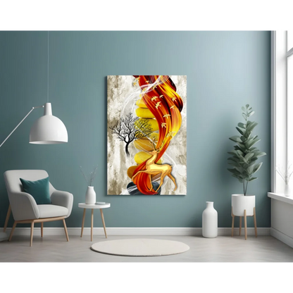 Fiery Golden Deer glass wall art with swirling flames in vibrant hues