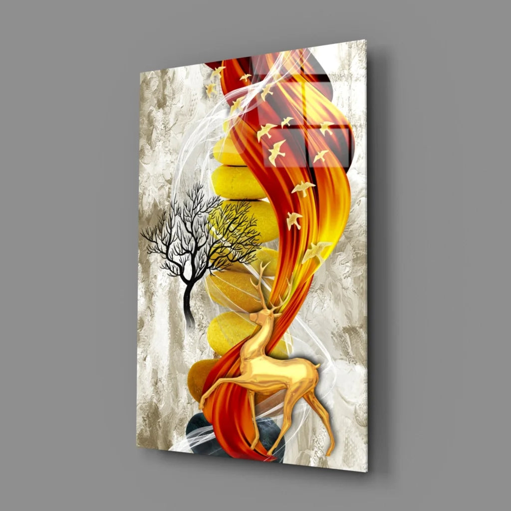 Fiery golden deer glass wall art with swirling red yellow flames