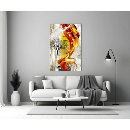 Fiery golden deer glass wall art with swirling orange yellow flames