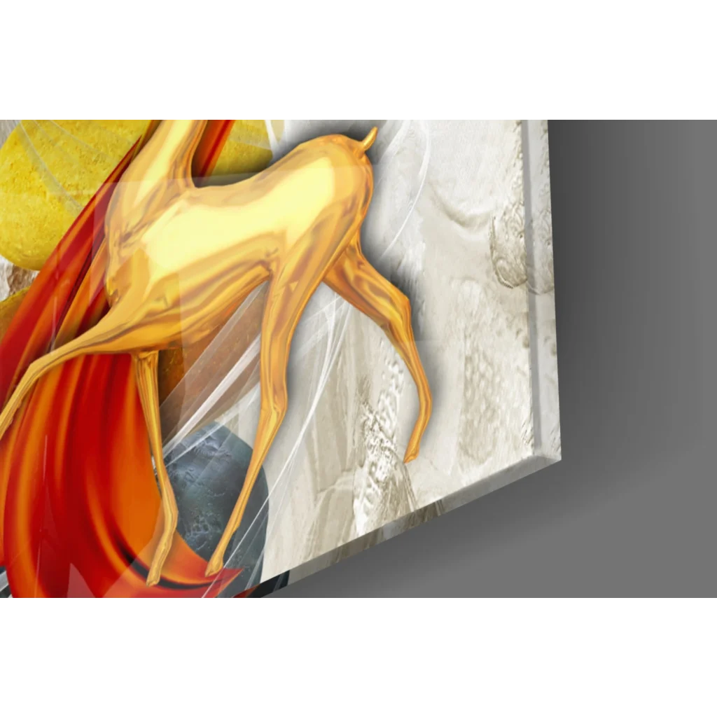 Fiery Golden Deer glass wall art with swirling flames and metallic sheen