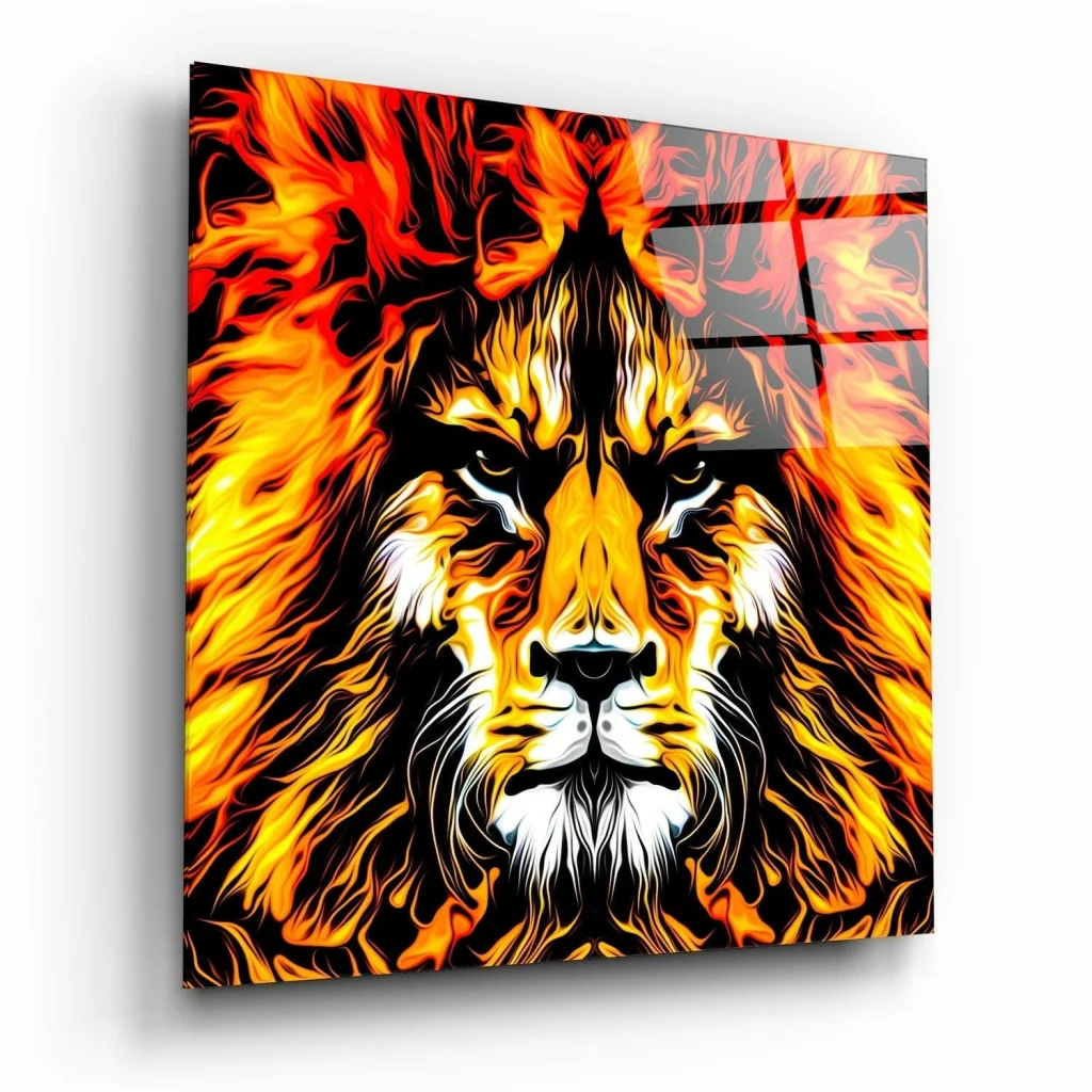 Fiery lion glass wall art with blazing orange and yellow flames