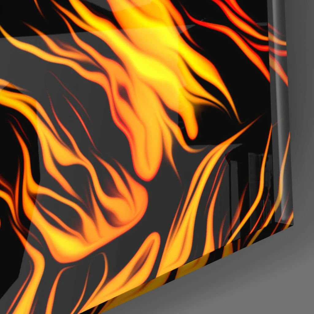 Fiery Lion glass wall art with blazing orange flames decal