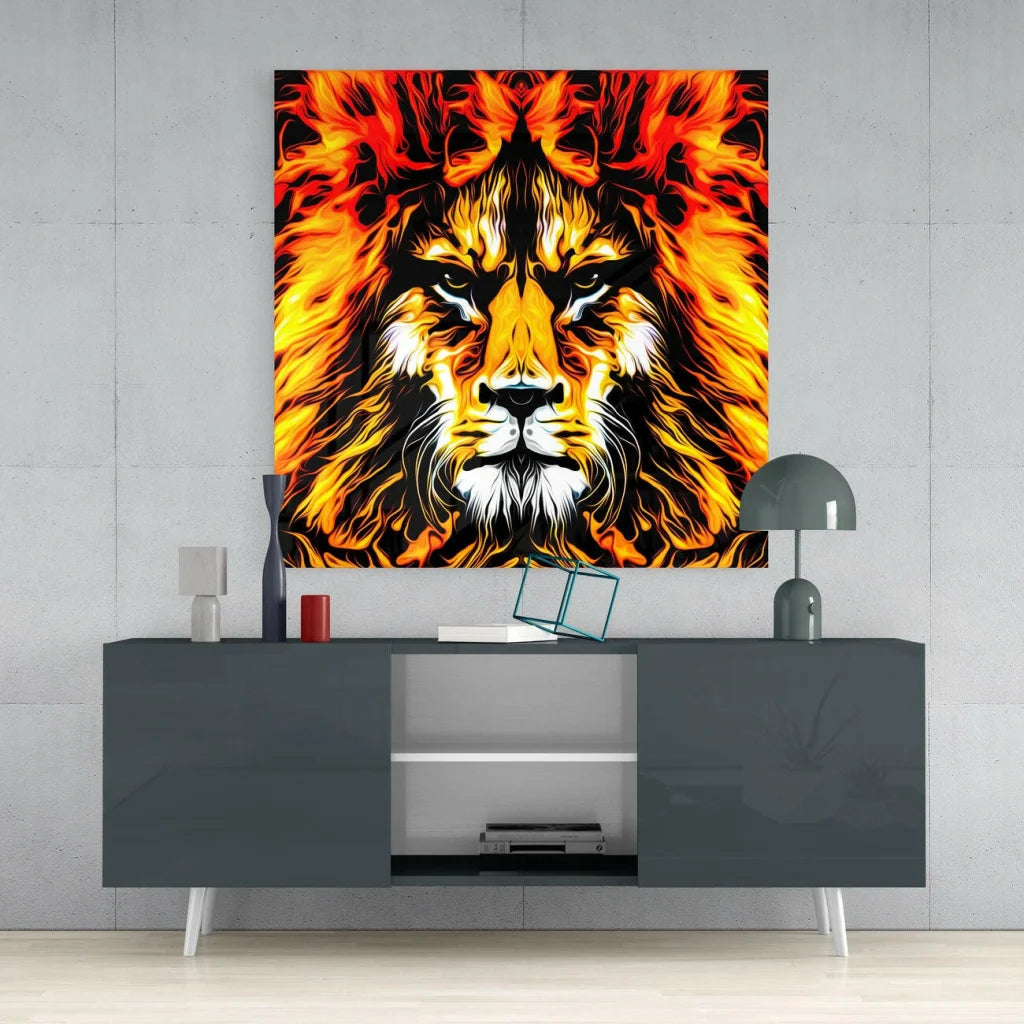 Fiery Lion Glass Wall Art with blazing orange flames