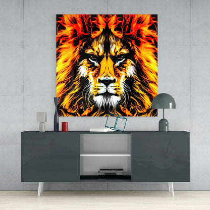 Fiery Lion Glass Wall Art with blazing orange flames