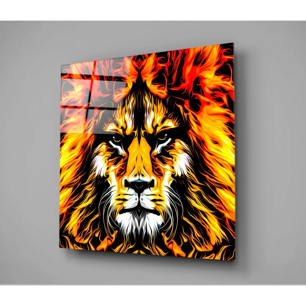 Fiery Lion glass wall art with blazing orange flames canvas print