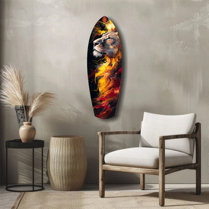 Fiery Lion tempered glass art surfboard wall piece with metallic finish