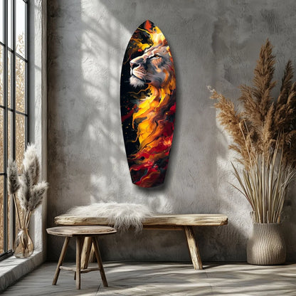 Fiery Lion tempered glass art surfboard on black background