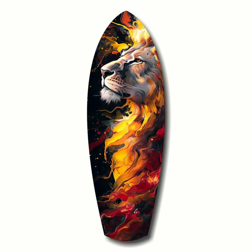 Fiery Lion tempered glass art surfboard with lion design, fiery colors, black background