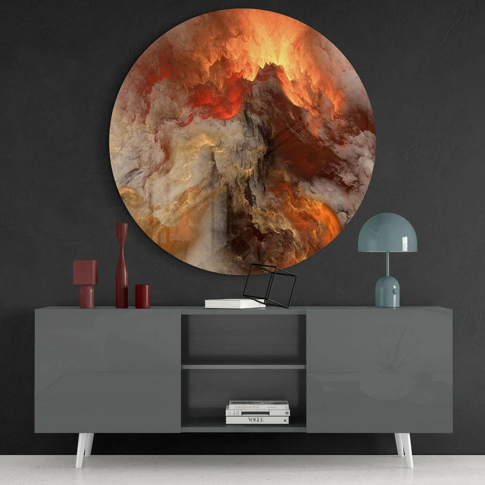 Fiery Nebula tempered glass art with swirling orange, red, beige gradients