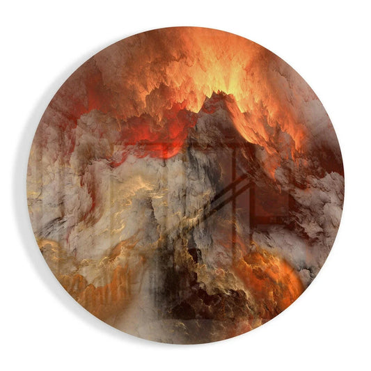 Fiery Nebula tempered glass wall art with fiery clouds in orange and red