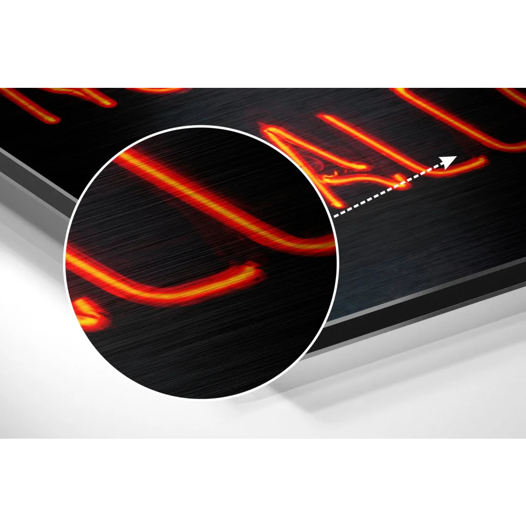 glass wall art Fiery neon glow sign on brushed aluminium dibond wall art