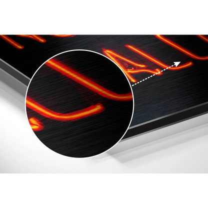Fiery neon glow sign on brushed aluminium dibond wall art
