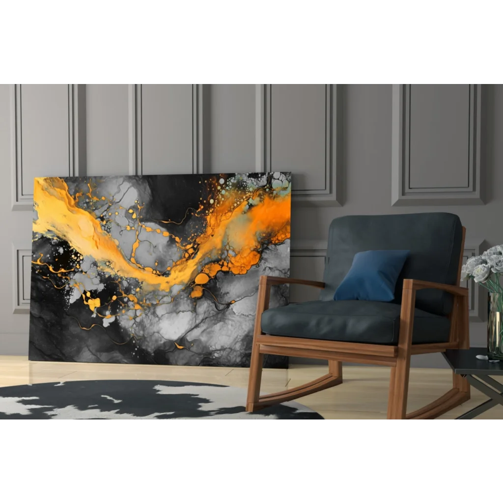 Fiery orange abstract wall art with bold textured splashes on canvas