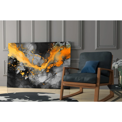 Fiery orange abstract wall art with bold textured splashes on canvas
