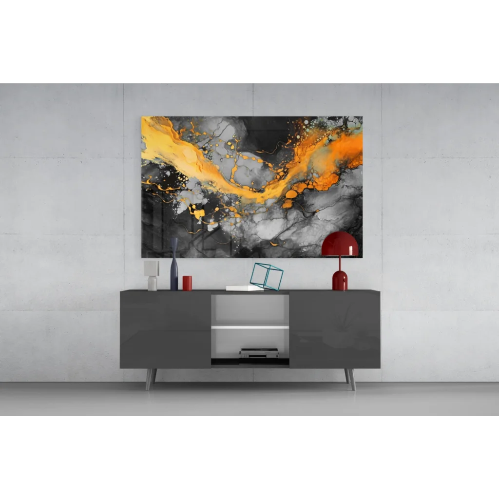 Fiery orange abstract canvas wall art with bold textured splashes