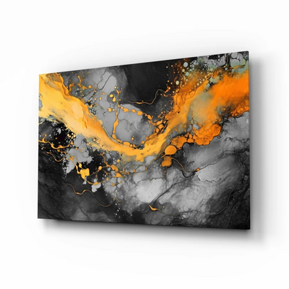 Fiery orange abstract canvas wall art with bold textured splashes