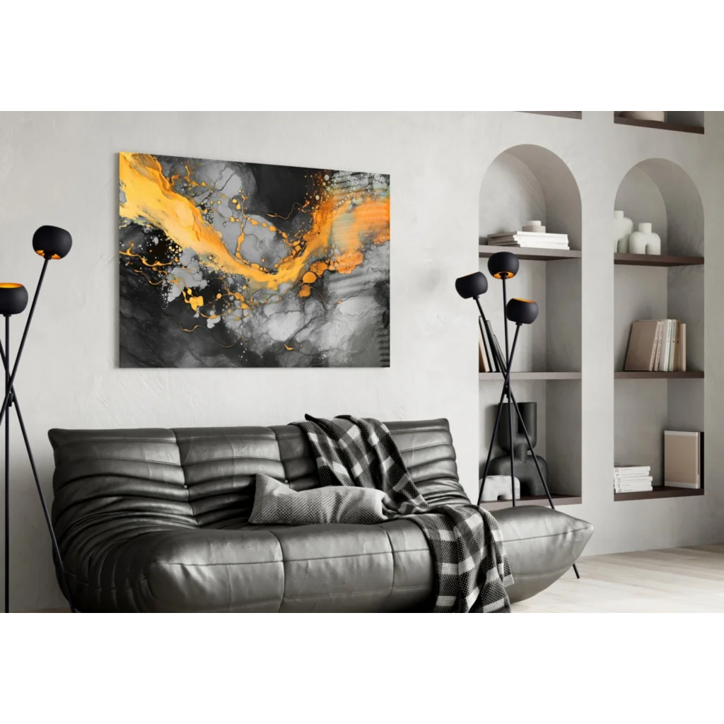 Bold fiery orange abstract canvas wall art with swirling textured splashes