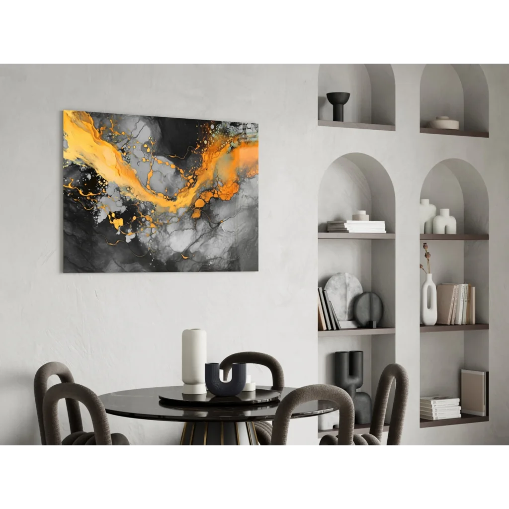 Fiery orange abstract canvas wall art with bold textured splashes on gray background